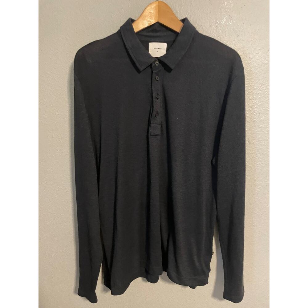 Billy Reid Polo Shirt Mens XL Black Long Sleeve Light Knit Pullover Casual FLAW